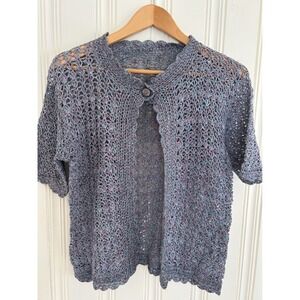 Crochet Open Knit Short Sleeve Cardigan Button Front Boho Women Artsy Cottage S